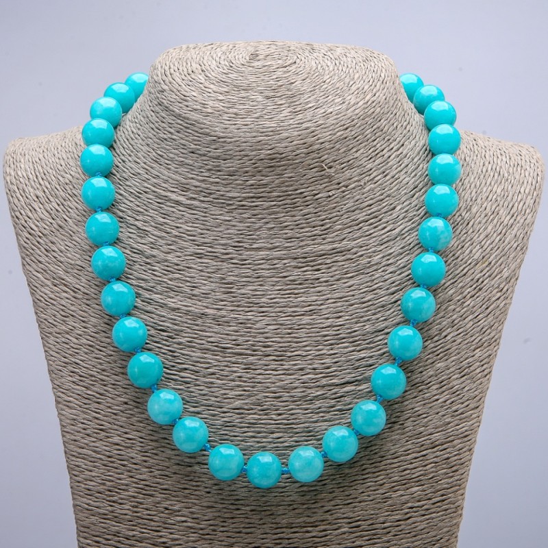 Natural Stone Necklace, Aquamarine Smooth Round Beads, diameter 12mm, length 48cm+
