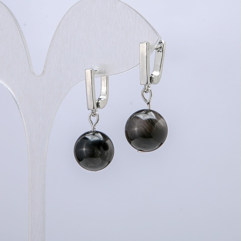 Silver Sheen Obsidian Earrings, diameter 12mm, length 30mm+