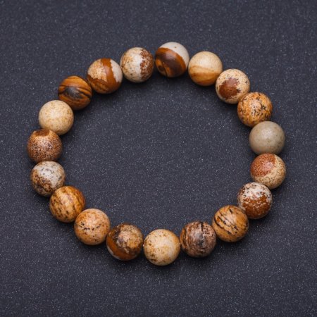 Natural Picture Jasper Stone Bracelet, Smooth Round Beads on Elastic, Diameter 10mm, Circumference 18cm