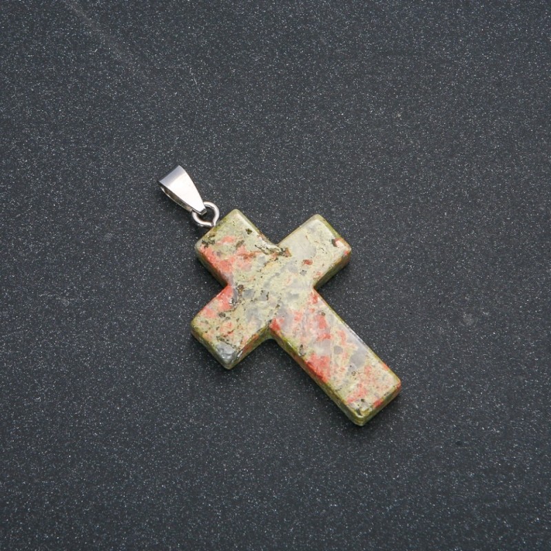 Cross Pendant, Heliotrope Unakite 50x28mm +