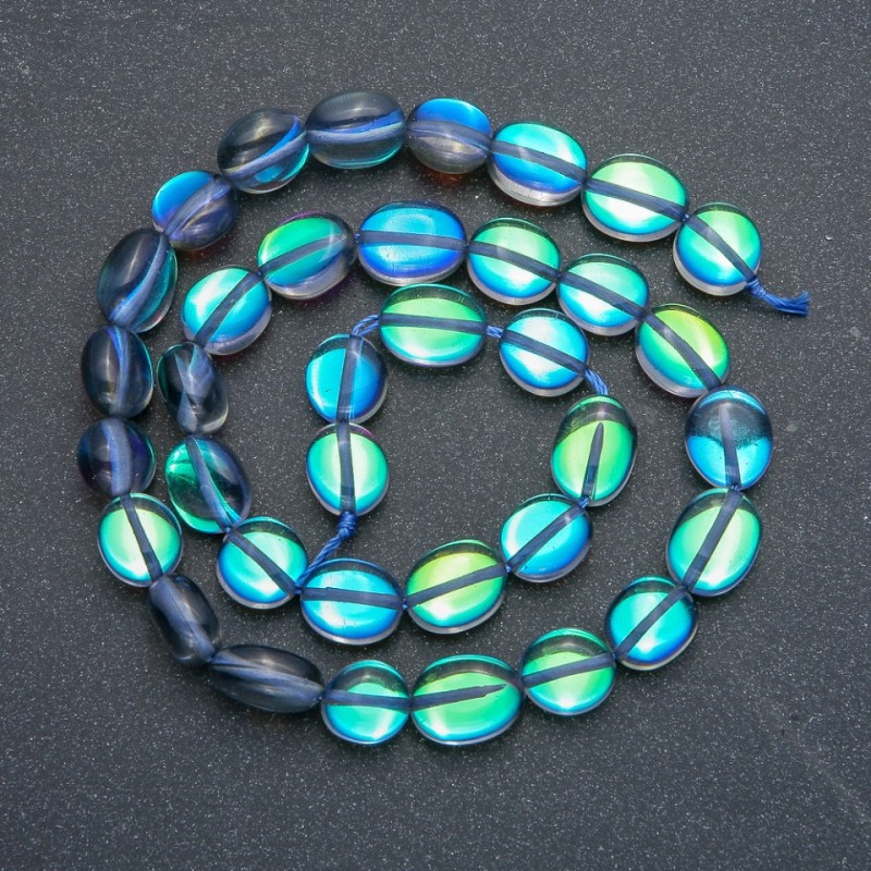 Opal Glass Beads on Thread Blue Chameleon, Tumbled, Diameter 10x7mm, Length 40cm +