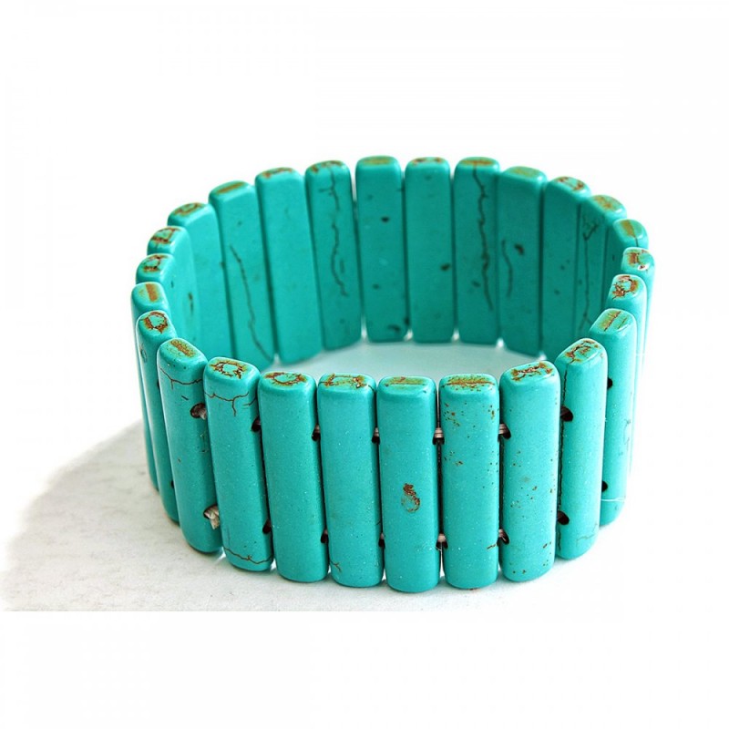 Green Turquoise Bracelet with Veining, Elongated Stones 7x30(+/-)mm, on Elastic Band