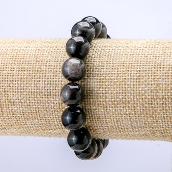 Bracelet Natural Stone Silver Obsidian Smooth Round Bead, diameter 12mm, length 18cm +