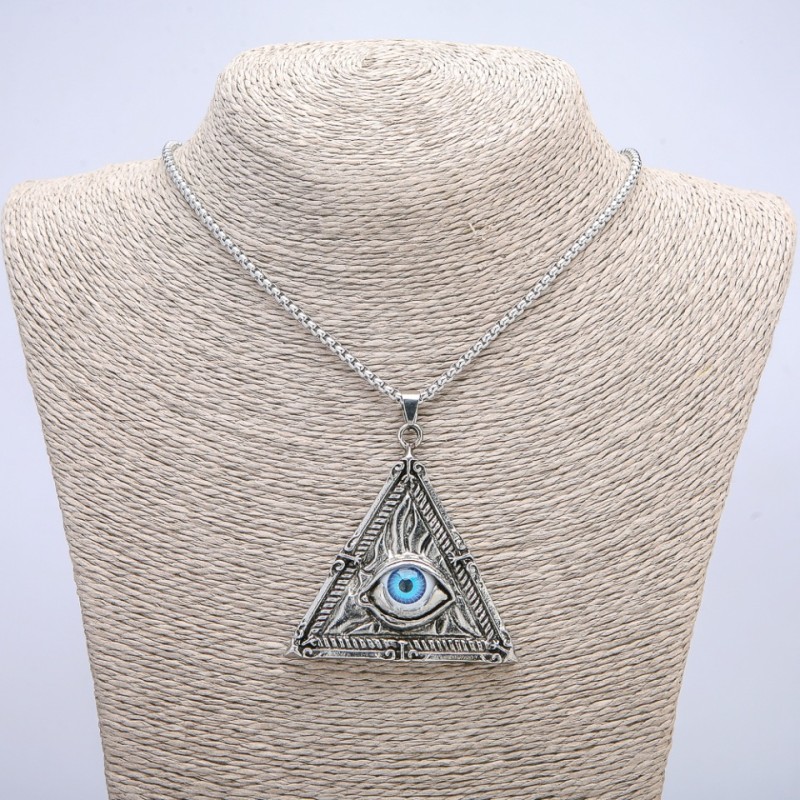 Pendant "Eye in Triangle" 65x55mm on Chain, Length 70cm Silver-Tone Metal