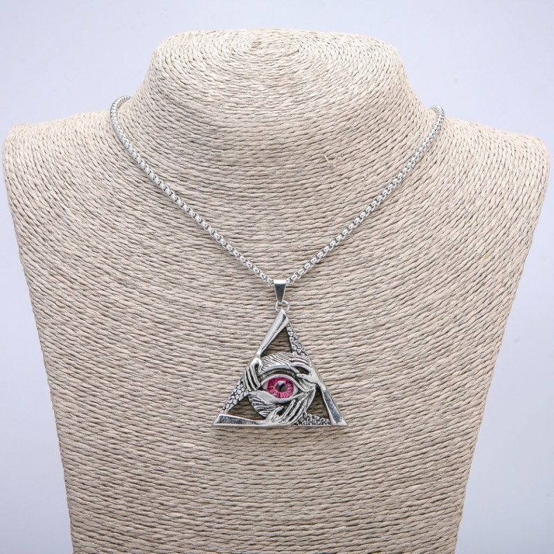"Eye in Triangle" Pendant 50x45mm on chain, 70cm length, silver-tone metal