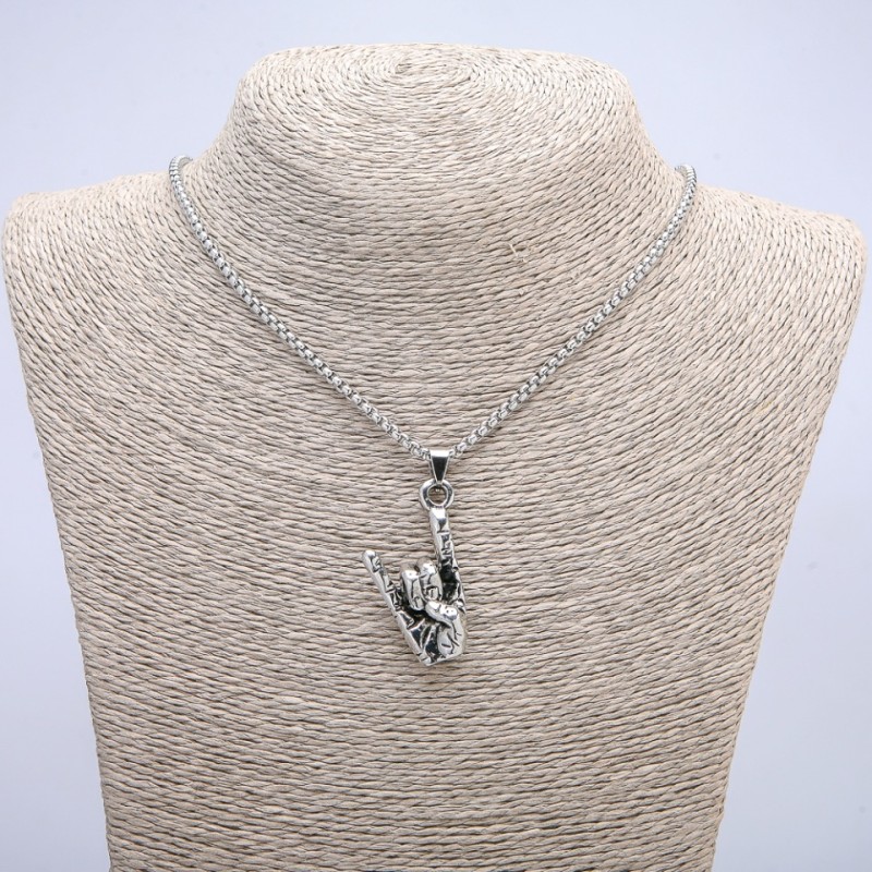 Pendant "Hand Gesture" 50x20mm on a chain, 70cm length +/-, silver-tone metal