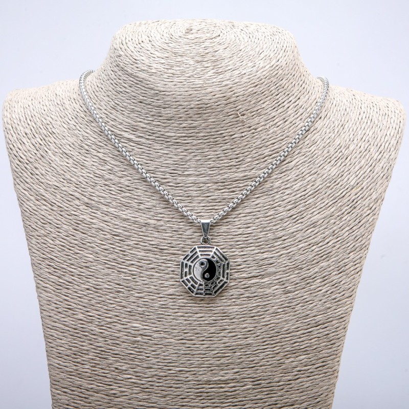 Pendant "Yin Yang" 35x23mm on a chain, 70cm length +/-, silver-tone metal