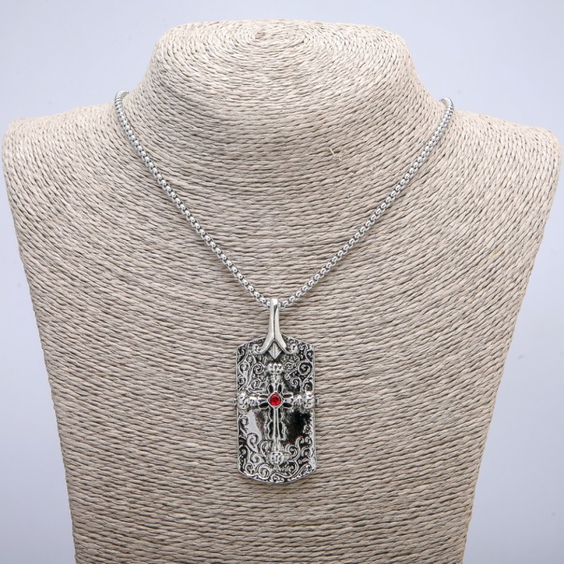 Pendant "Cross" 62x28mm on a chain, 70cm length +/-, silver-tone metal