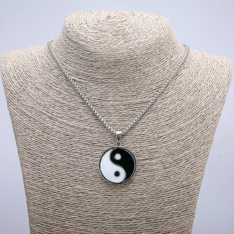 "Yin Yang" Pendant 43x30mm on Chain, 70cm +/- Length, Silver-Tone Metal