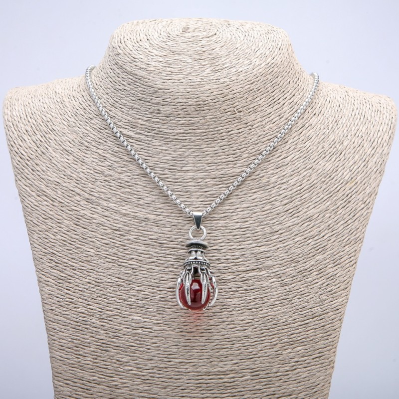 "Ball in Claw" Pendant Red 45x17mm on chain, 70cm length +/-, silver-tone metal