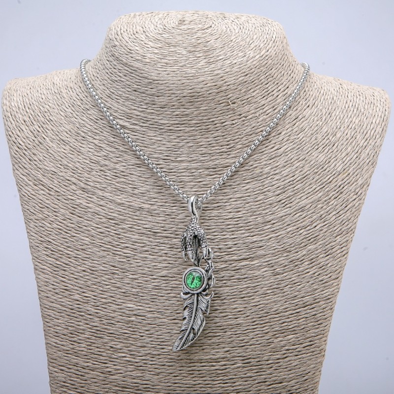 Pendant "Paw with Feather Dragon Eye" 70x20mm on a chain, 70cm length, silver-tone metal