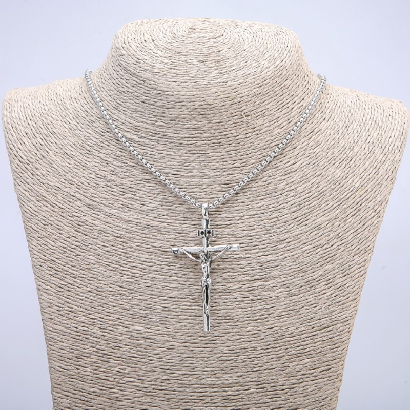 Pendant "Cross" 60x32mm on a chain, 70cm length, silver-tone metal