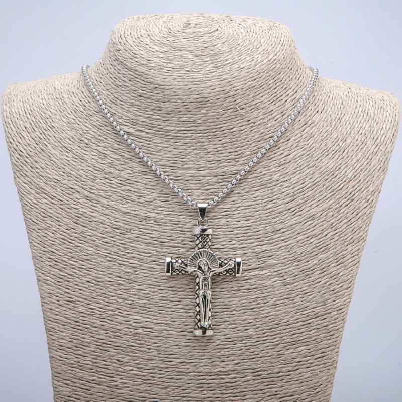 Pendant "Cross" 60x35mm on a chain, 70cm length, silver-tone metal