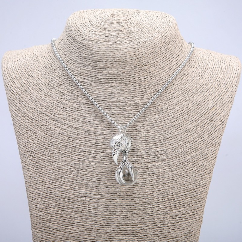 Pendant "Bird with Orb" 47x18mm on a chain, 70cm length, silver-tone metal