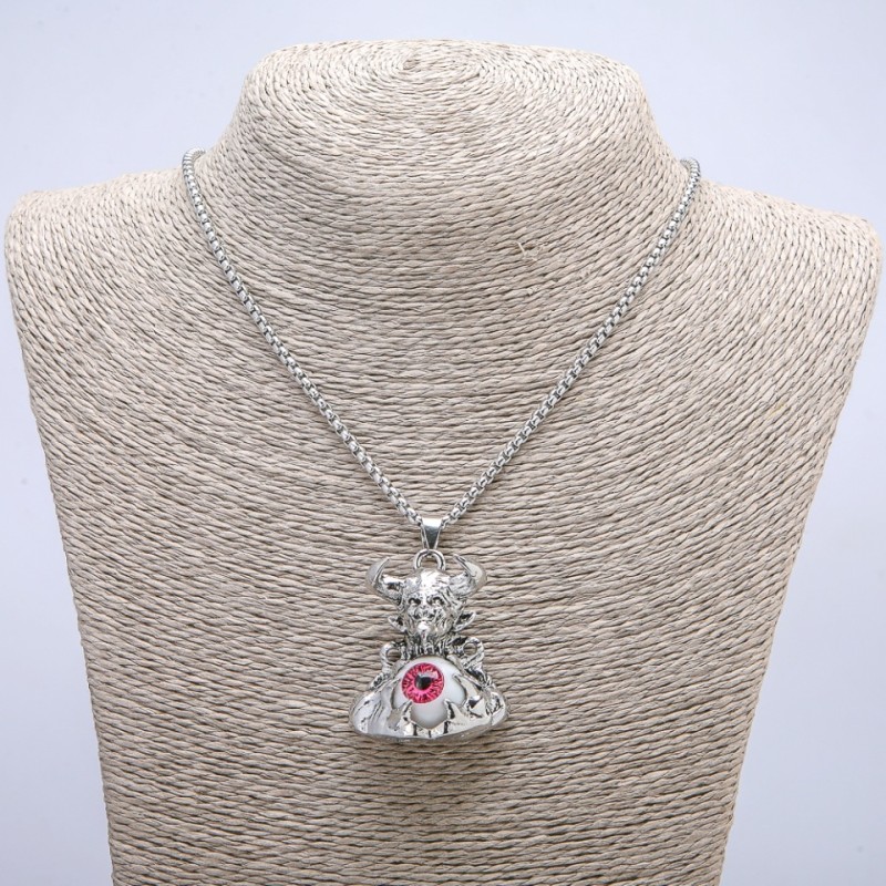 "Demon with Eye" Pendant 45x30mm on Chain, 70cm +/- Length, Silver-Tone Metal