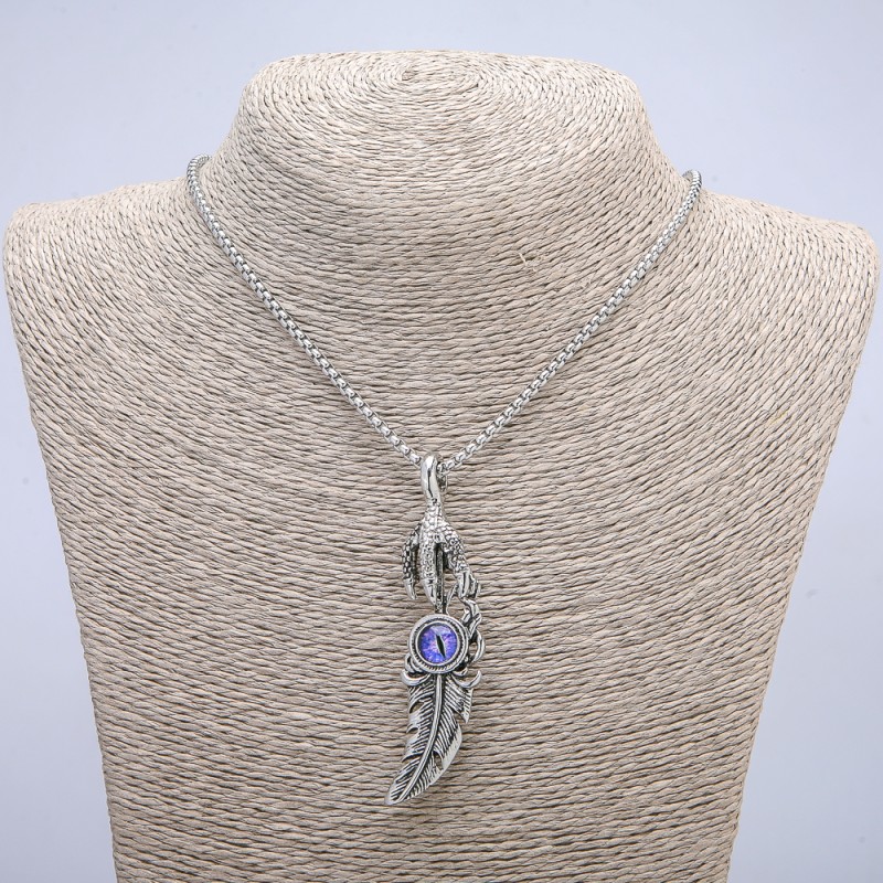 "Paw with Feather, Dragon Eye" Pendant 70x20mm on Chain, 70cm Length, Silver-Tone Metal