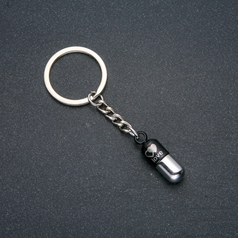 Keychain "Love Capsule", diameter 30x9mm, length 8cm +/- silver metal