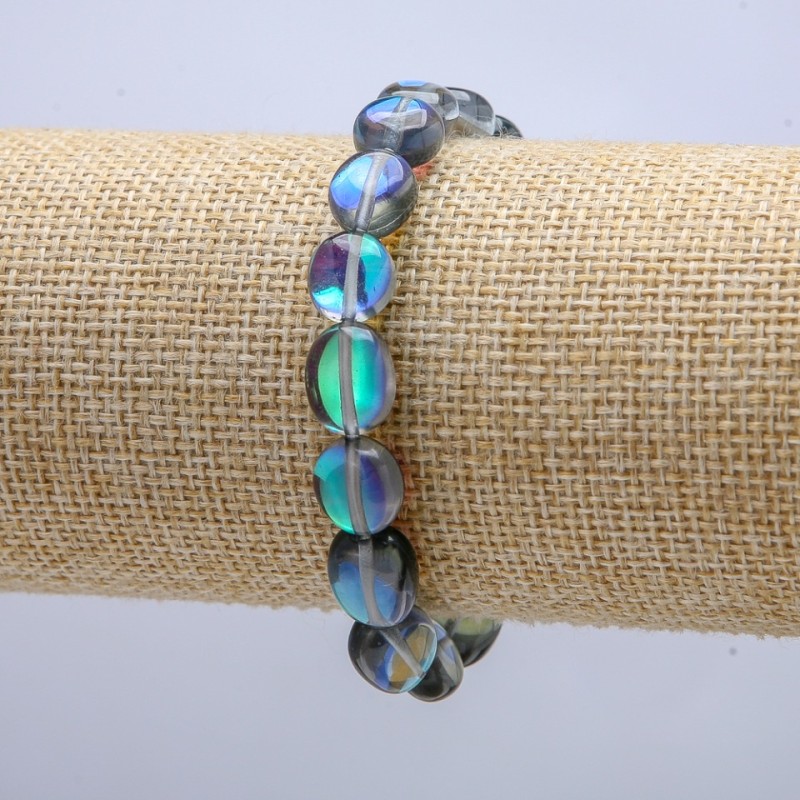 Opal Glass Bracelet on Elastic Band, Blue Chameleon Tumbled, diameter 10x7mm, circumference 18cm+