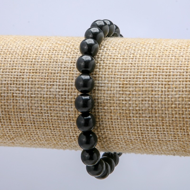 Shungite Bracelet on Elastic Band, Natural Stone Smooth Round Bead, diameter 8mm, length 18cm+