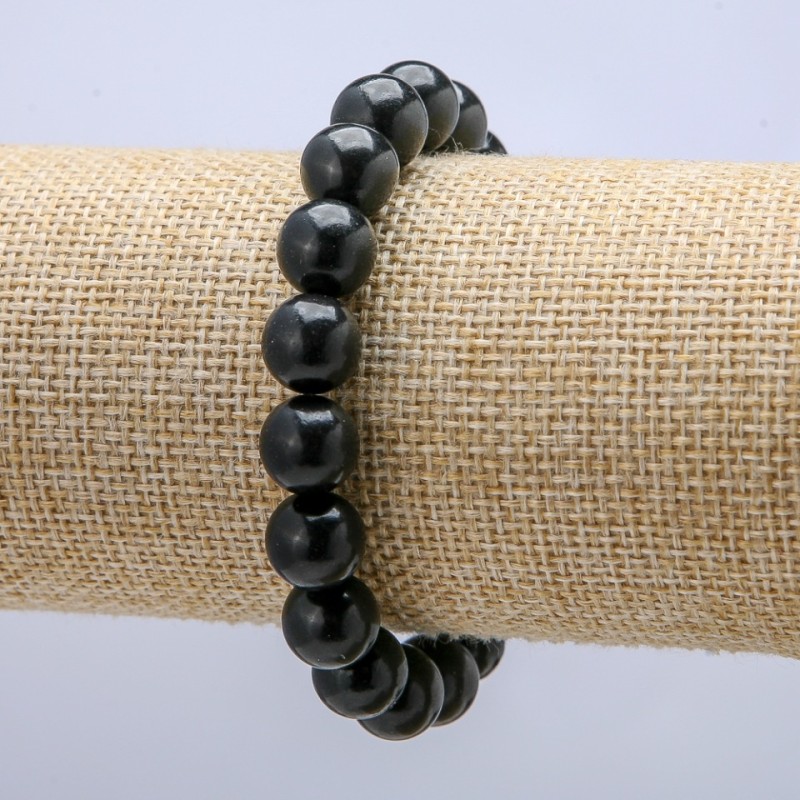 Shungite Bracelet on Elastic Band, Natural Stone Smooth Round Bead, diameter 10mm, length 18cm+