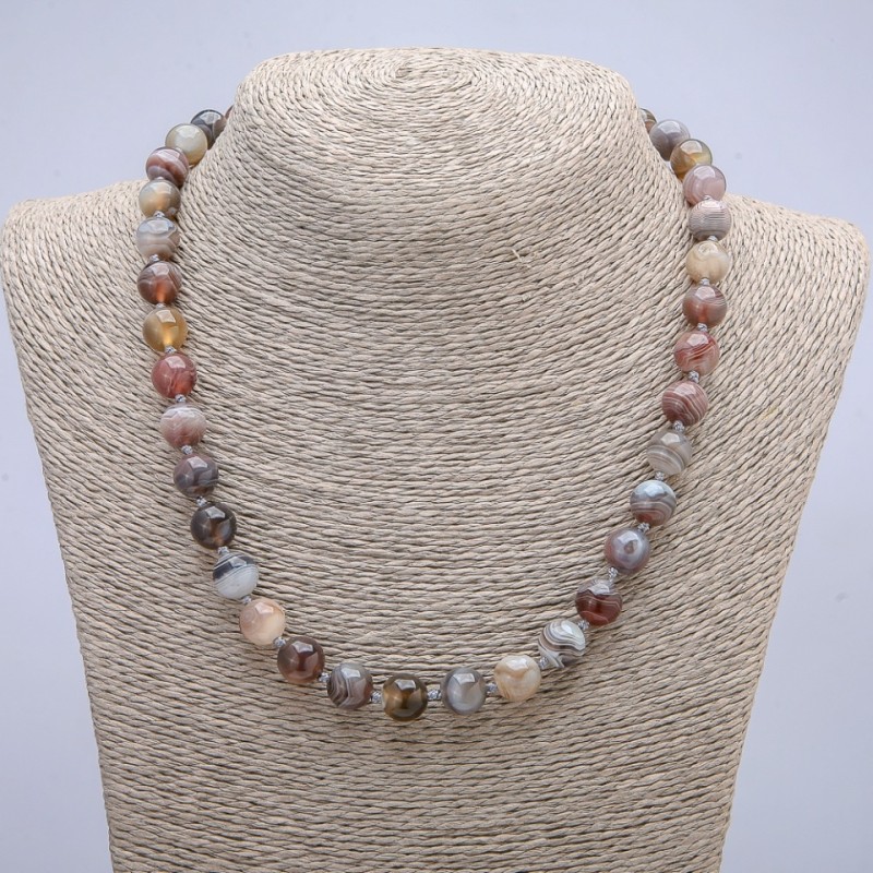 Necklace with Natural Botswana Agate Stone, Smooth Round Beads, Diameter 10mm, Length 45cm +