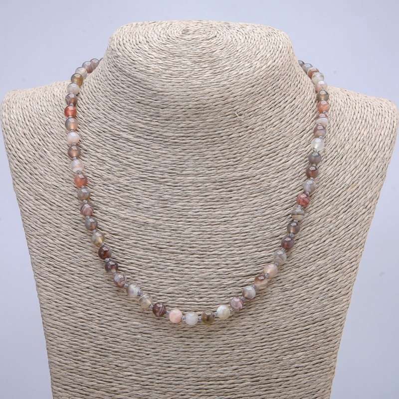 Botswana Agate Natural Stone Necklace, Smooth Round Beads, 6mm Diameter, 45cm Length +