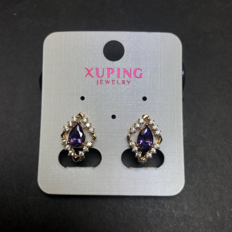 Xuping Earrings, 18K Gold Plated, Purple Crystal and White Rhinestones, 15x11mm +