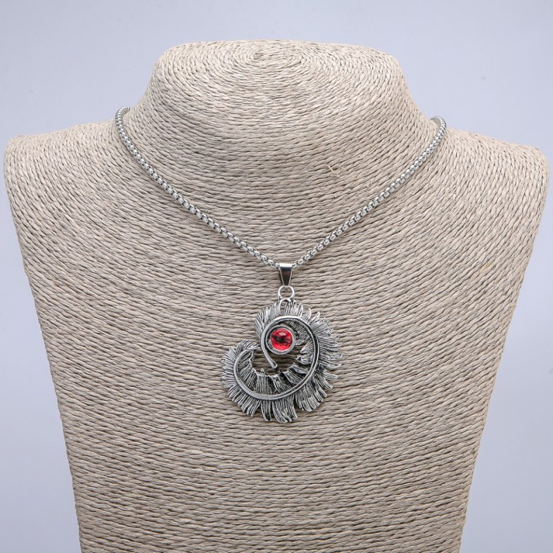 "Feather with Dragon Eye" Pendant 50x40mm on Chain, Length 70cm + - Silver-Tone Metal