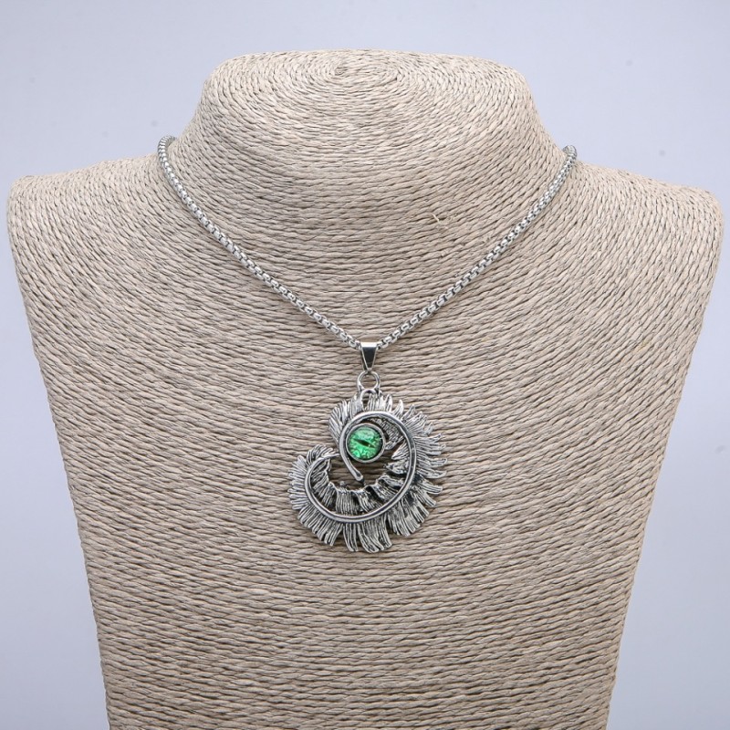 "Feather with Dragon Eye" Pendant 50x40mm on Chain, Length 70cm + - Silver-Tone Metal