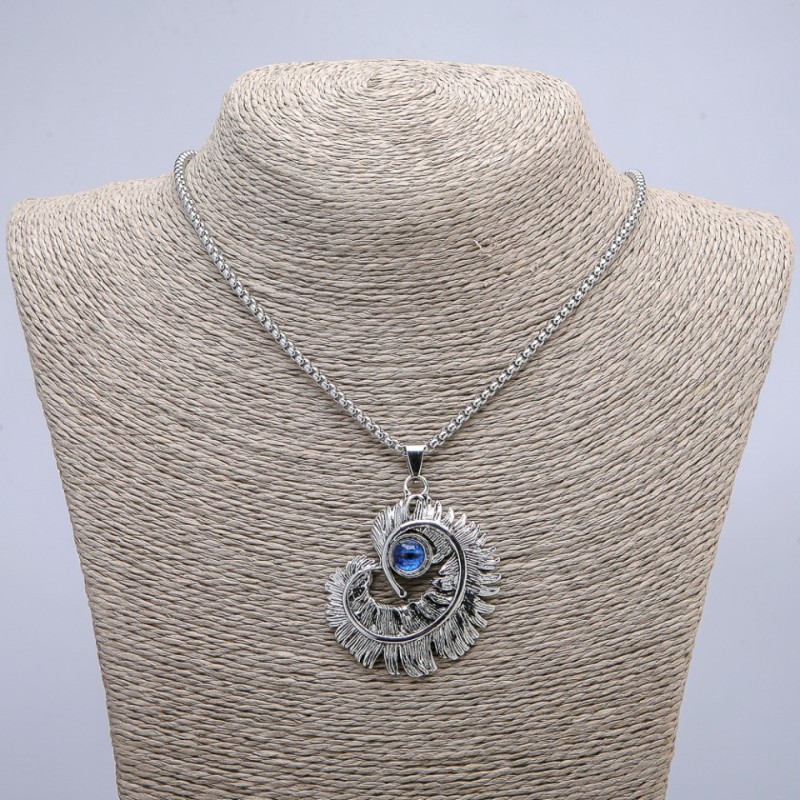 "Feather with Dragon Eye" Pendant 50x40mm on Chain, Length 70cm + - Silver-Tone Metal