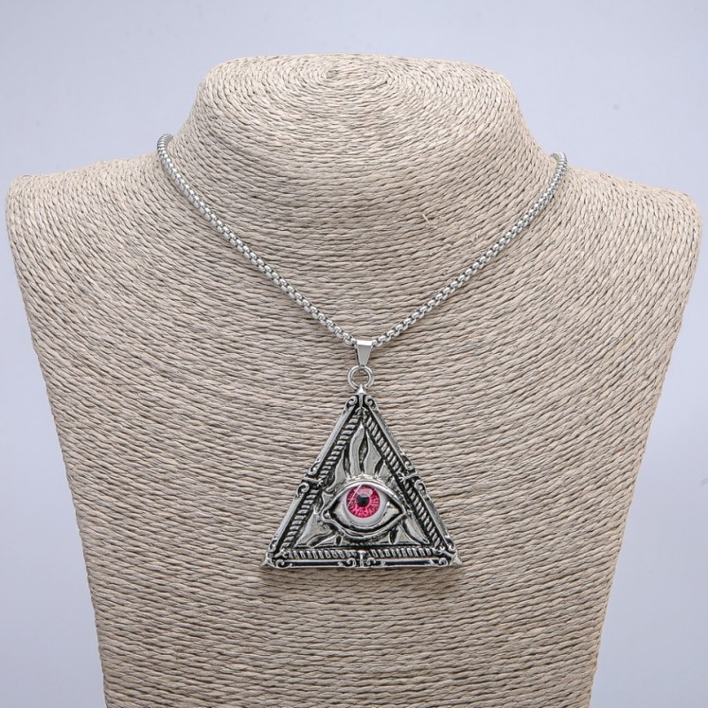 "Triangle with Eye" Pendant 62x54mm on Chain, Length 70cm + - Silver-Tone Metal