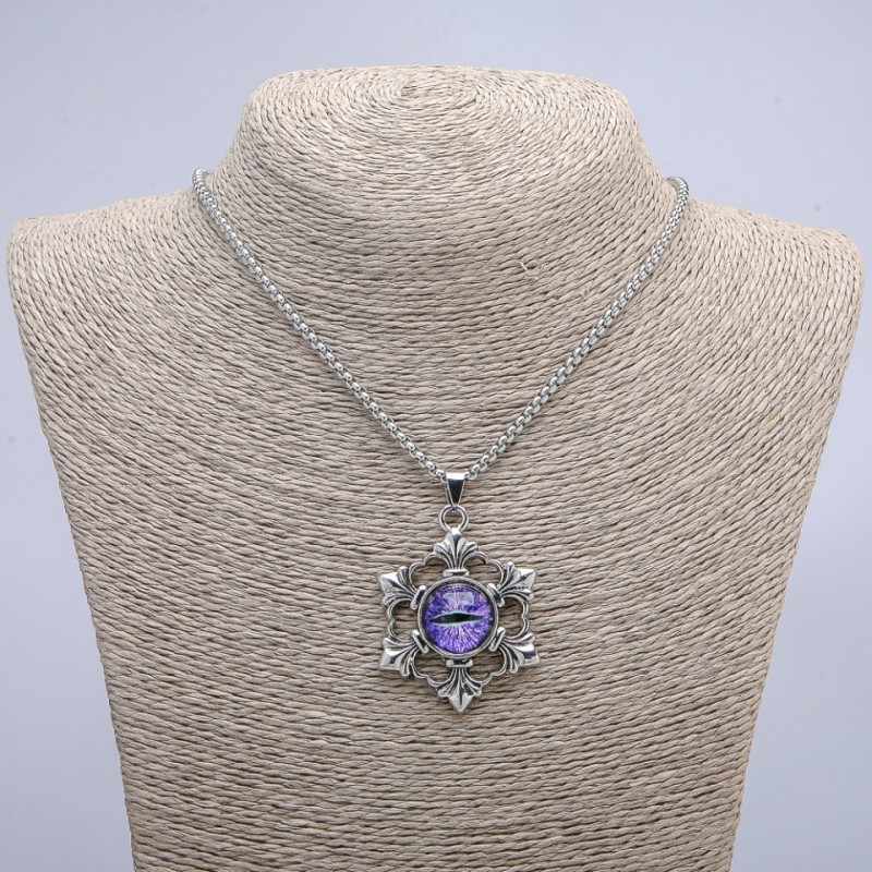 "Dragon Eye in Setting" Pendant 50x35mm on Chain, Length 70cm +/- Silver-Tone Metal