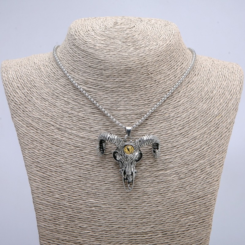 "Goat Skull with Dragon Eye" Pendant 45x45mm on Chain, Length 70cm +/- Silver-Tone Metal