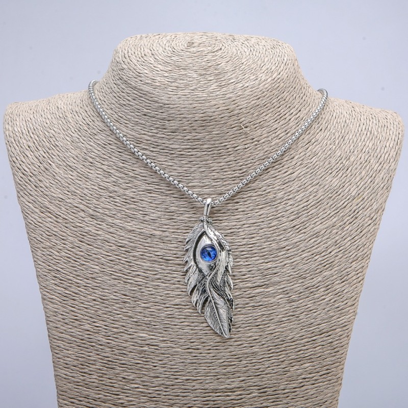 "Feather with Dragon Eye" Pendant 65x23mm on Chain, Length 70cm +/- Silver-Tone Metal