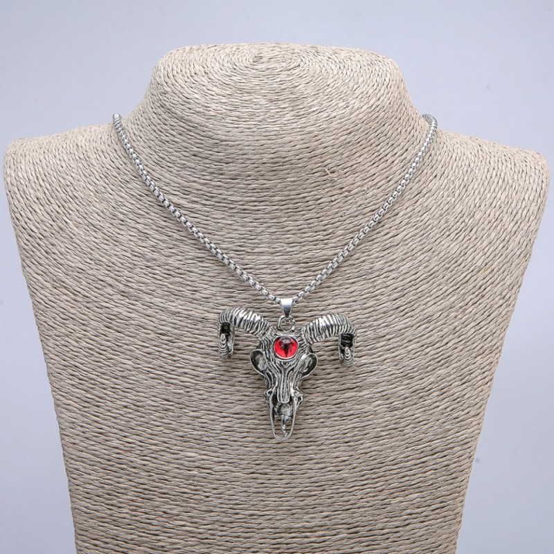 "Goat Skull with Dragon Eye" Pendant 45x45mm on Chain, Length 70cm + - Silver-Tone Metal