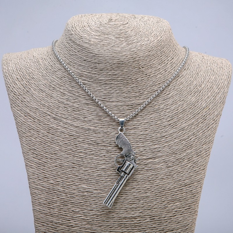 "Revolver" Pendant 65x25mm on Chain, Length 70cm + - Silver-Tone Metal