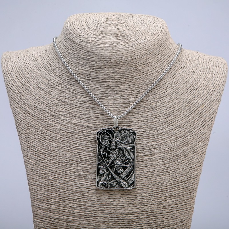 "Samurai" Pendant 62x35mm on Chain, Length 70cm + - Silver-Tone Metal