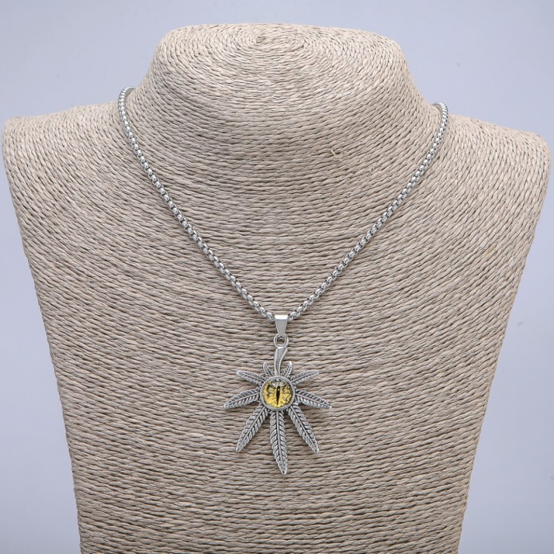 Pendant Hemp Leaf with Dragon Eye 38x55mm on chain, length 65cm, silver-tone metal color
