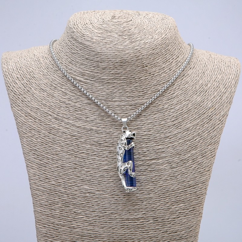 Leopard Pendant with Blue Crystal 50x10mm on Chain, Length 65cm, Silver Metal Color