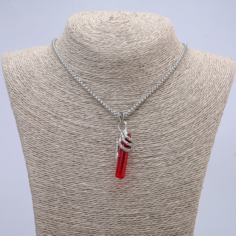 "Hand with Red Crystal" Pendant 50x10mm on Chain, Length 65cm, Silver Metal Color