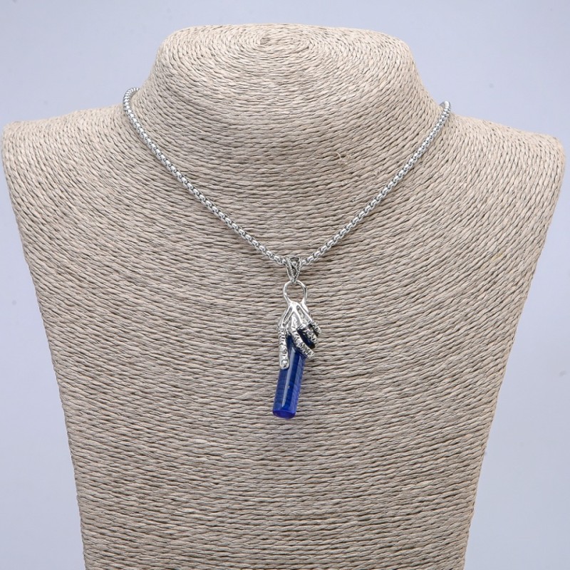 Hand with Blue Crystal Pendant 50x10mm on a Chain, 65cm Length, Silver-Tone Metal
