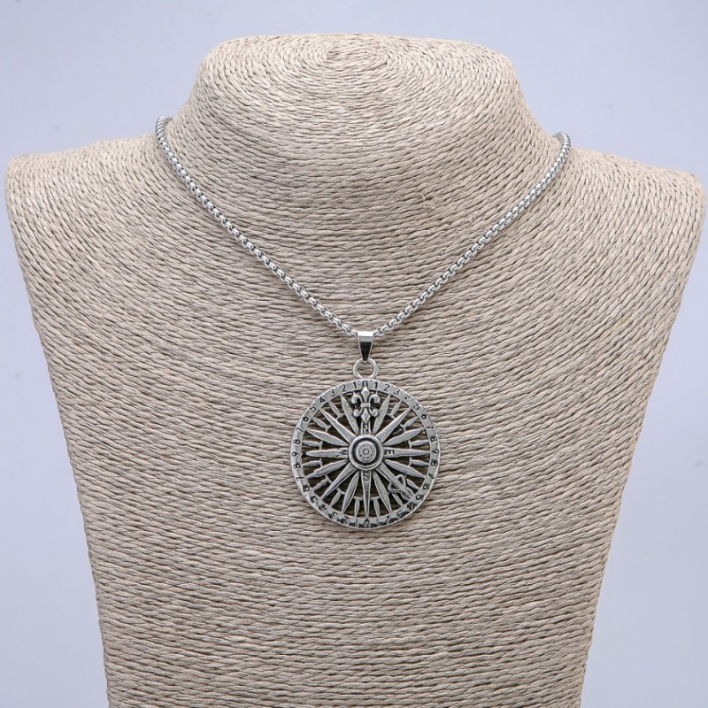"Compass" Pendant 50x37mm on Chain, 65cm Length, Silver Metal Color