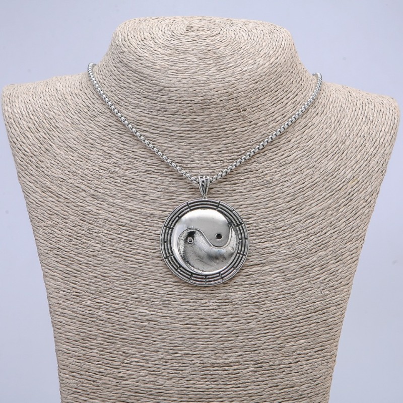 "Yin Yang" Pendant 50x38mm on Chain, 65cm Length, Silver Metal Color