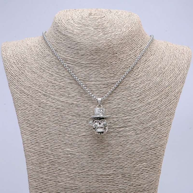"Skull in Hat" Pendant 40x16mm on Chain, Length 65cm, Silver Metal Color