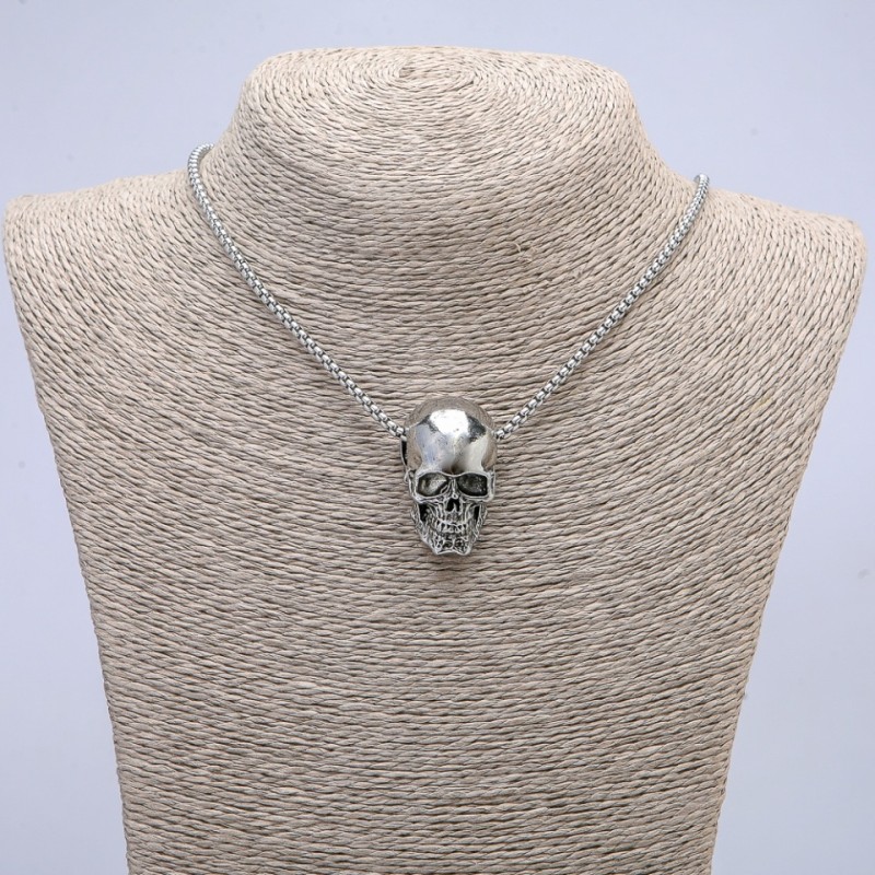 Skull Pendant 28x17mm on Chain, Length 65cm, Silver Metal Color