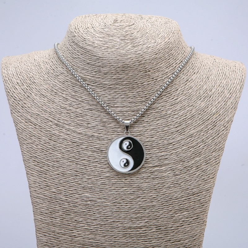 Yin Yang Pendant 37x25mm on Chain, Length 65cm, Silver Metal Color