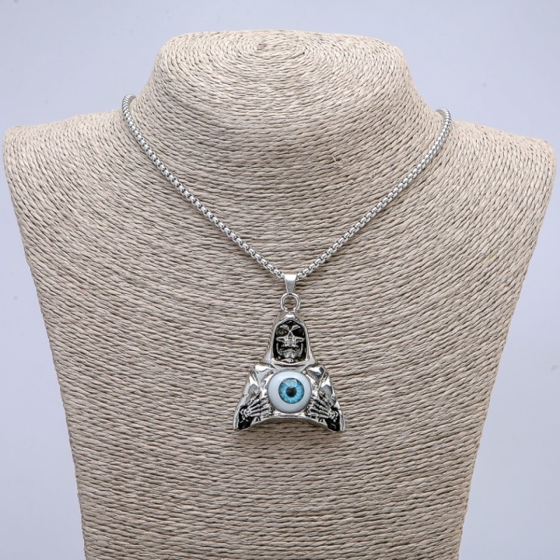 "Death with an Eye" Pendant 50x33mm on Chain, 70cm +/- Length, Silvery Metal