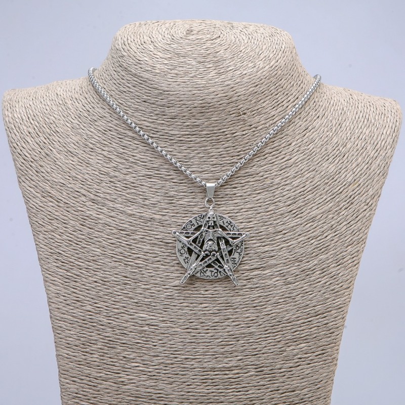 Pendant "Pentagram with Skeleton" 47x33mm on Chain, 65cm Length, Silver Metal Color