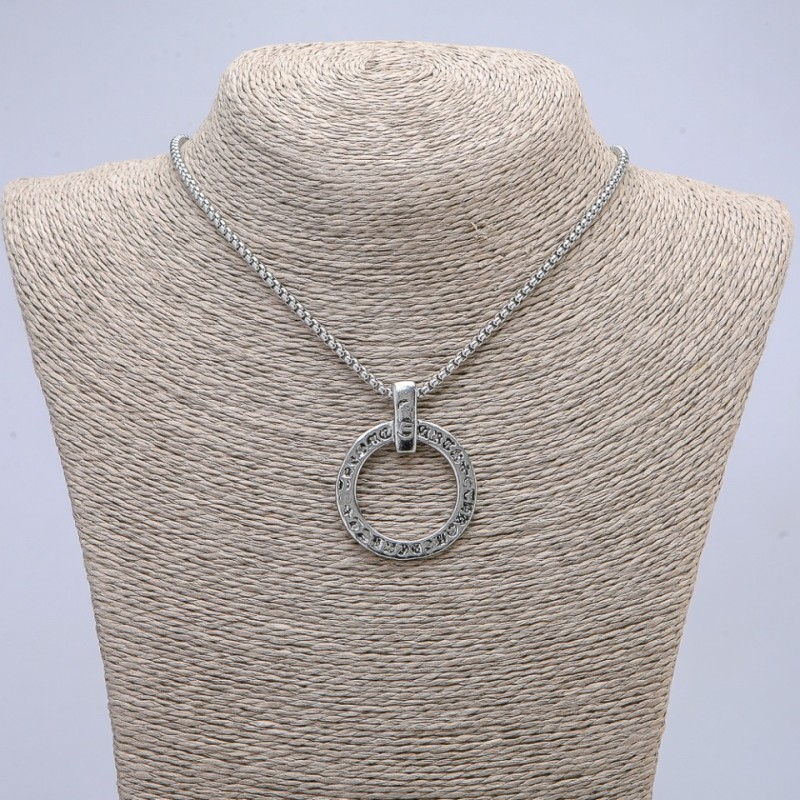 Circle with Hieroglyphs Pendant 40x30mm on a Chain, 65cm Length, Silver-Tone Metal