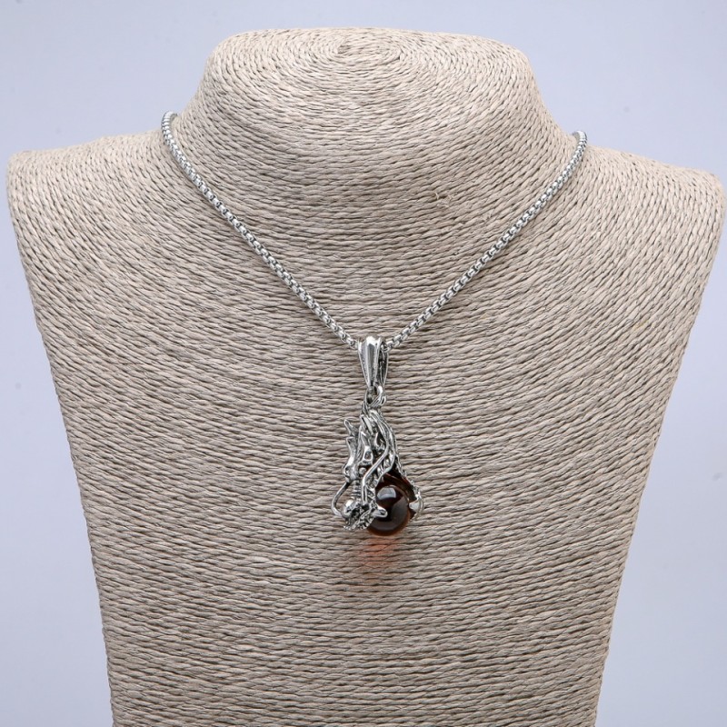"Dragon Head and Red Ball" Pendant 22x51mm on Chain, 65cm Length, Silver-Tone Metal